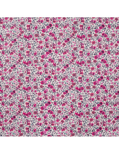 Tissu, Popeline de Coton Fleurie, Rose Fuchsia, Laize 150 cm, 100% Coton 75g/m²
