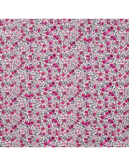 Tissu, Popeline de Coton Fleurie, Rose Fuchsia, Laize 150 cm, 100% Coton 75g/m²