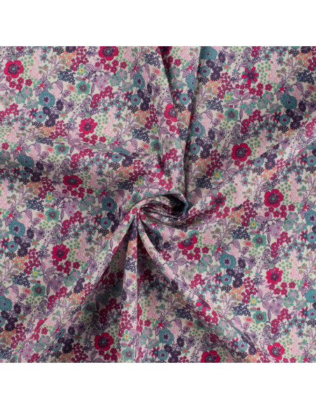 Tissu, Popeline de Coton Fleurie Digitale, Multicolore, Laize 150 cm, 100% Coton 75g/m²