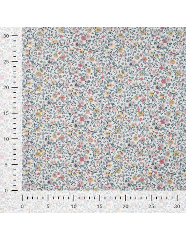 Tissu, Popeline de Coton Fleurie Digitale, Rose Jaune sur Blanc, Laize 150 cm, 100% Coton 75g/m²