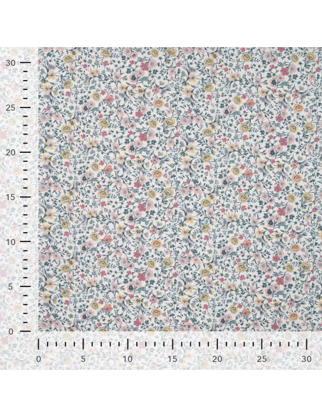 Tissu, Popeline de Coton Fleurie Digitale, Rose Jaune sur Blanc, Laize 150 cm, 100% Coton 75g/m²