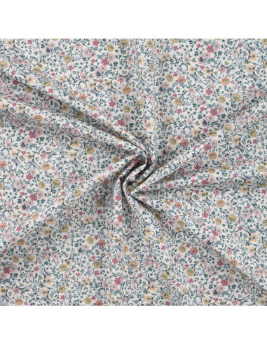 Tissu, Popeline de Coton Fleurie Digitale, Rose Jaune sur Blanc, Laize 150 cm, 100% Coton 75g/m²