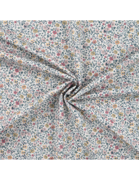 Tissu, Popeline de Coton Fleurie Digitale, Rose Jaune sur Blanc, Laize 150 cm, 100% Coton 75g/m²