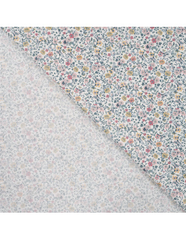 Tissu, Popeline de Coton Fleurie Digitale, Rose Jaune sur Blanc, Laize 150 cm, 100% Coton 75g/m²