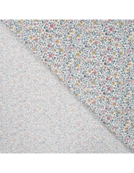 Tissu, Popeline de Coton Fleurie Digitale, Rose Jaune sur Blanc, Laize 150 cm, 100% Coton 75g/m²