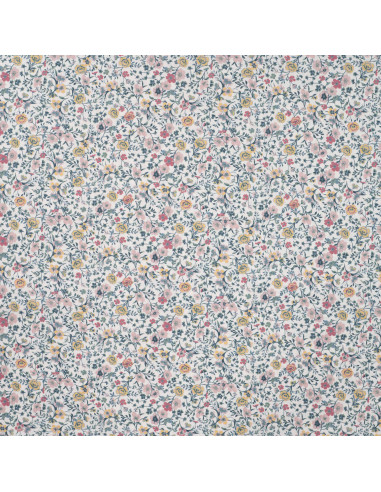 Tissu, Popeline de Coton Fleurie Digitale, Rose Jaune sur Blanc, Laize 150 cm, 100% Coton 75g/m²