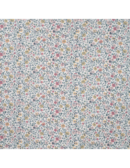 Tissu, Popeline de Coton Fleurie Digitale, Rose Jaune sur Blanc, Laize 150 cm, 100% Coton 75g/m²