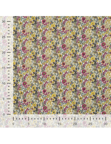 Tissu, Popeline de Coton Fleurie Digitale, Vert et Jaune, Laize 150 cm, 100% Coton 75g/m²