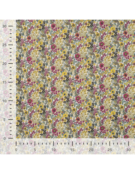 Tissu, Popeline de Coton Fleurie Digitale, Vert et Jaune, Laize 150 cm, 100% Coton 75g/m²