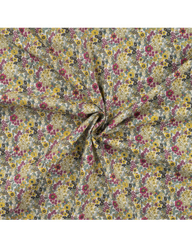 Tissu, Popeline de Coton Fleurie Digitale, Vert et Jaune, Laize 150 cm, 100% Coton 75g/m²