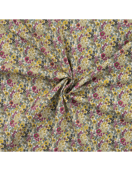 Tissu, Popeline de Coton Fleurie Digitale, Vert et Jaune, Laize 150 cm, 100% Coton 75g/m²