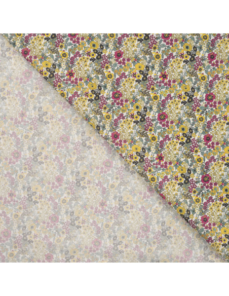 Tissu, Popeline de Coton Fleurie Digitale, Vert et Jaune, Laize 150 cm, 100% Coton 75g/m²