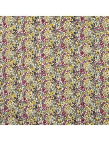 Tissu, Popeline de Coton Fleurie Digitale, Vert et Jaune, Laize 150 cm, 100% Coton 75g/m²