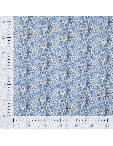 Popeline de coton, impression digitale, fleurs, bleu