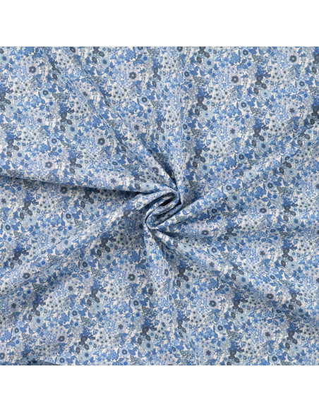 Popeline de coton, impression digitale, fleurs, bleu