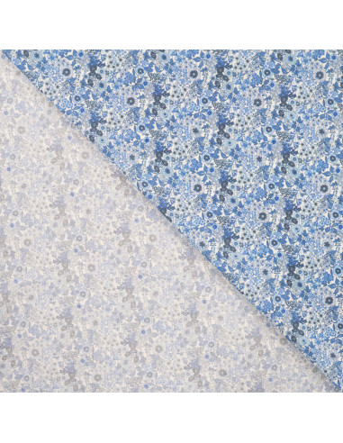Popeline de coton, impression digitale, fleurs, bleu
