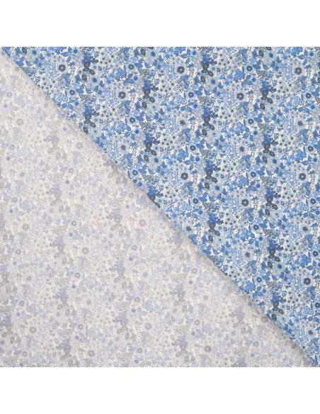 Popeline de coton, impression digitale, fleurs, bleu