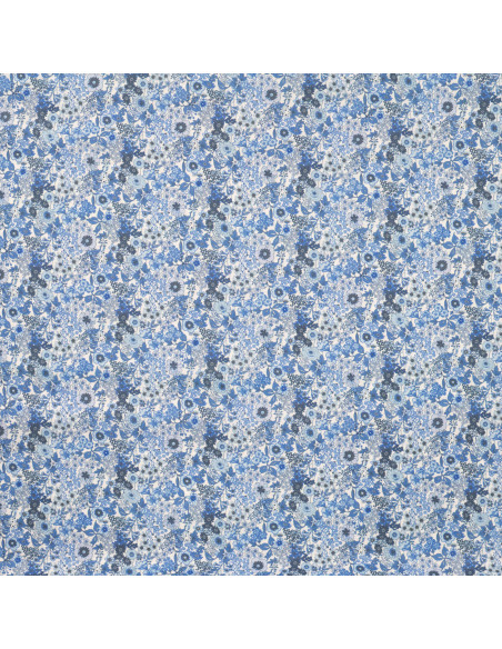 Popeline de coton, impression digitale, fleurs, bleu