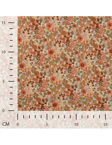 Tissu, Popeline de Coton Fleurie Digitale, Orange Vif, Laize 150 cm, 100% Coton 75g/m²