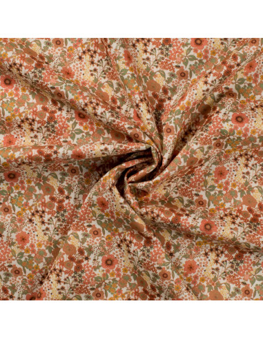 Tissu, Popeline de Coton Fleurie Digitale, Orange Vif, Laize 150 cm, 100% Coton 75g/m²