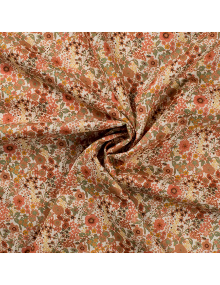 Tissu, Popeline de Coton Fleurie Digitale, Orange Vif, Laize 150 cm, 100% Coton 75g/m²