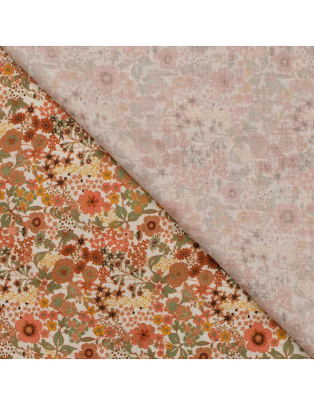 Tissu, Popeline de Coton Fleurie Digitale, Orange Vif, Laize 150 cm, 100% Coton 75g/m²