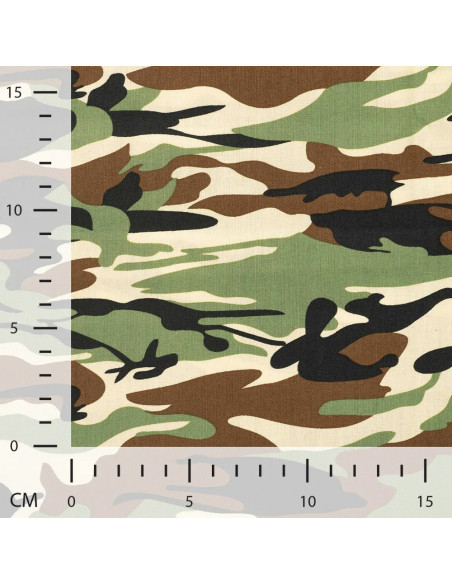 Tissu, Popeline de Coton Camouflage, Vert Militaire, Laize 150 cm, 100% Coton Oeko-Tex 115g/m²
