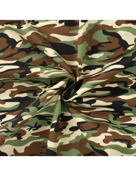 Tissu, Popeline de Coton Camouflage, Vert Militaire, Laize 150 cm, 100% Coton Oeko-Tex 115g/m²