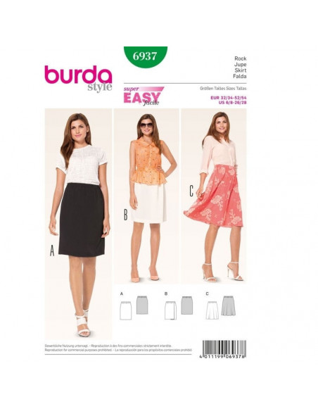 Patron Burda 6937 - Jupe droite ou évasée Femme du 34 au 56 (FR)