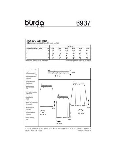 Patron Burda 6937 - Jupe droite ou évasée Femme du 34 au 56 (FR)