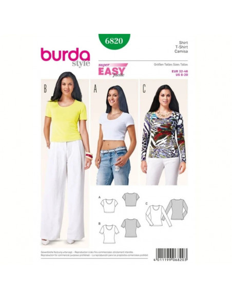 Patron Burda 6820 - T-shirt Femme encolure ronde avec variation de longueur du 34 au 48 (FR)