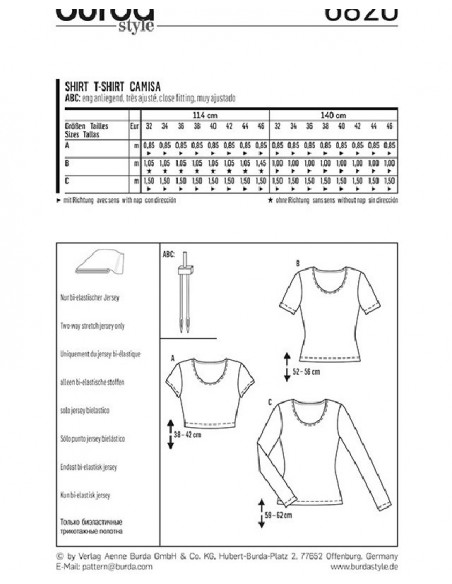 Patron Burda 6820 - T-shirt Femme encolure ronde avec variation de longueur du 34 au 48 (FR)