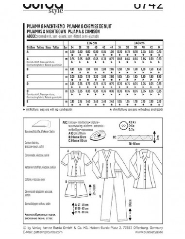 Patron Burda 6742 : Pyjama et chemise de nuit Femme du 36 au 46 (FR)