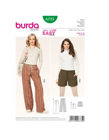 Patron Burda 6735 : Pantalon et short Femme avec coulisse et cordon du 36 au 48 (FR)