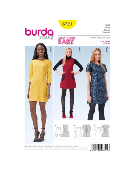 Patron Burda 6721 : Robe droite légèrement évasée avec variations de manches du 36 au 46 (FR)