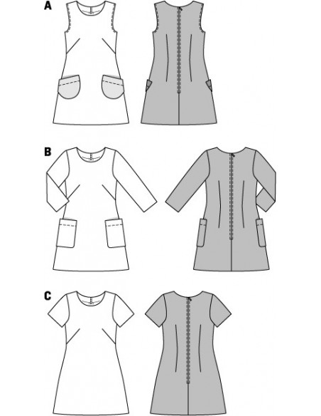 Patron Burda 6721 : Robe droite légèrement évasée avec variations de manches du 36 au 46 (FR)