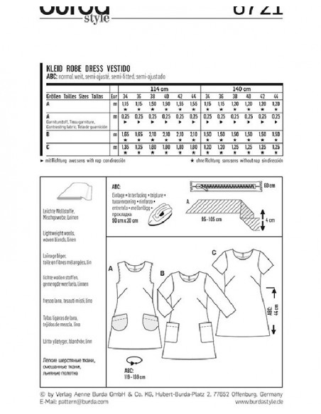 Patron Burda 6721 : Robe droite légèrement évasée avec variations de manches du 36 au 46 (FR)