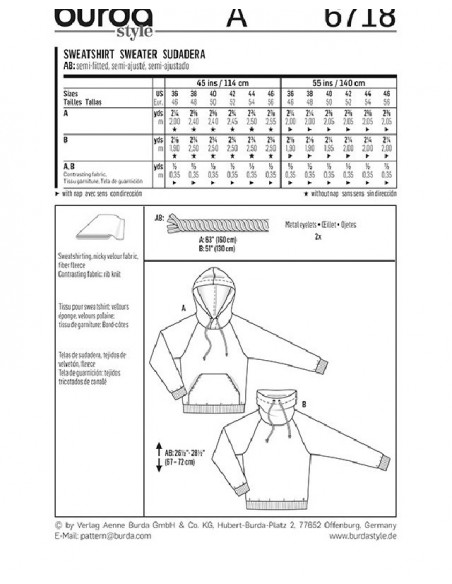 Patron Burda 6718 - Sweatshirt Homme du 46 au 56 (FR)