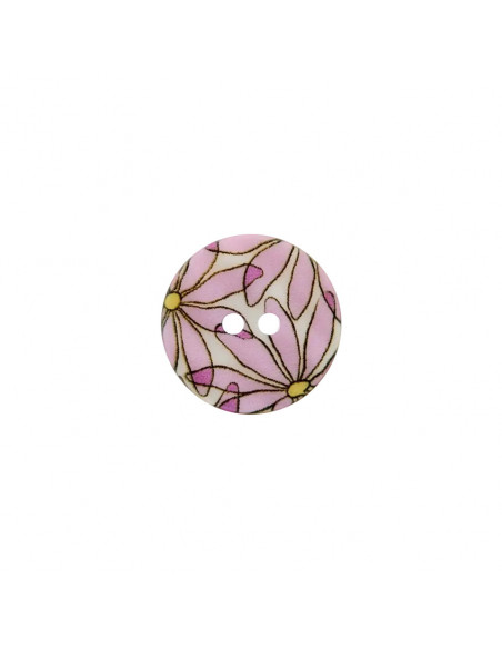 Bouton polyester, 2 trous, fleurs, 18mm, lilas