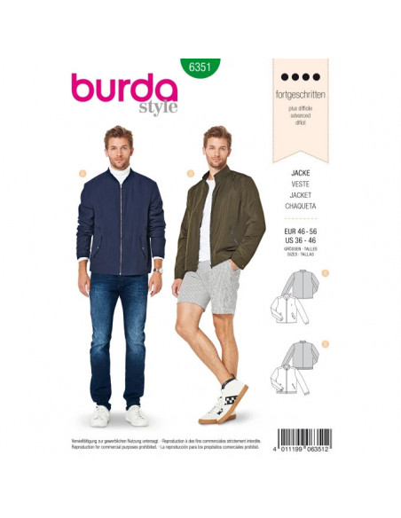 Patron Burda 6351 - Veste pour hommes de 48 à 58