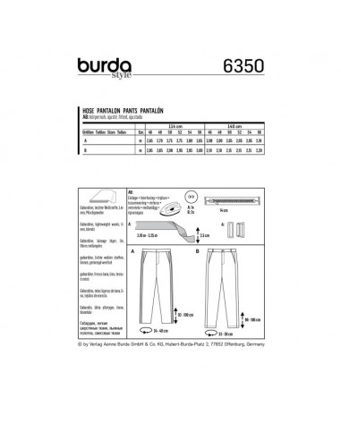 Patron Burda 6350 - Pantalon pour hommes de 46 à 56