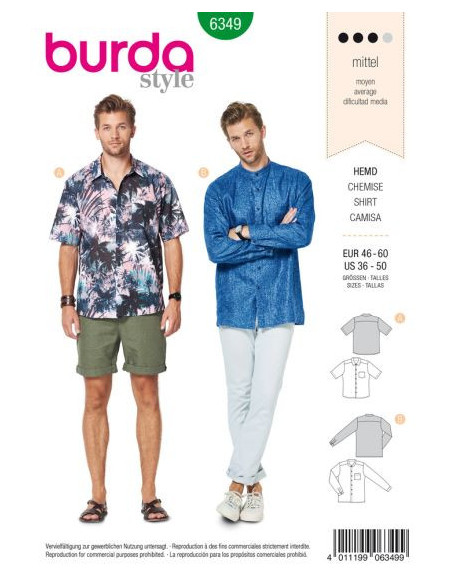 Patron Burda 6349 - Chemise Hommes de 48 à 62