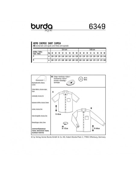 Patron Burda 6349 - Chemise Hommes de 48 à 62