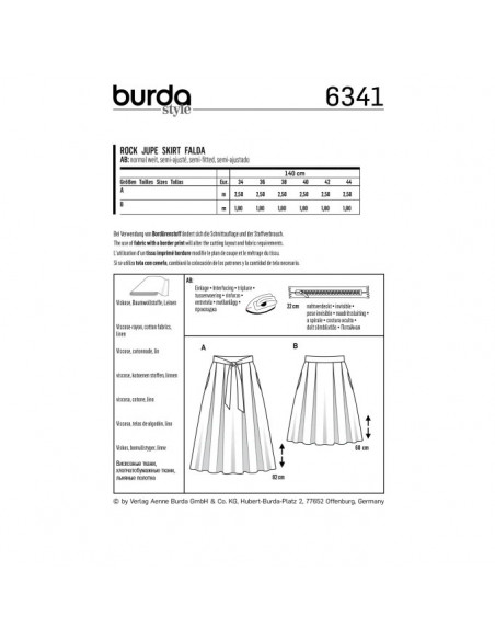 Patron Burda 6341 - Jupe pour femmes de 34 à 44