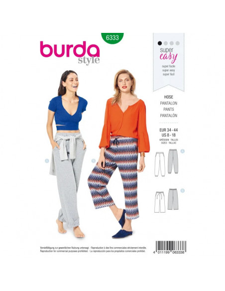 Patron Burda 6333 - Pantalon pour femmes de 34 à 44