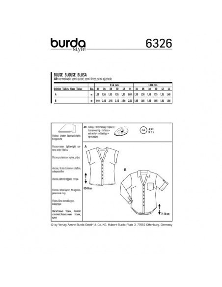 Patron Burda 6326 - Chemisier pour femmes de 34 à 44