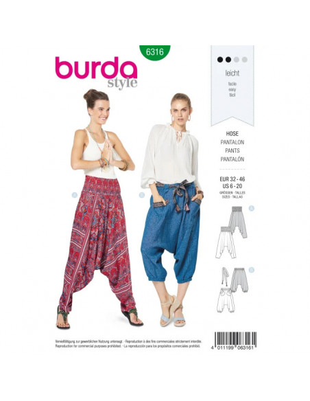 Patron Burda 6316 - Pantalon pour femmes de 32 à 46