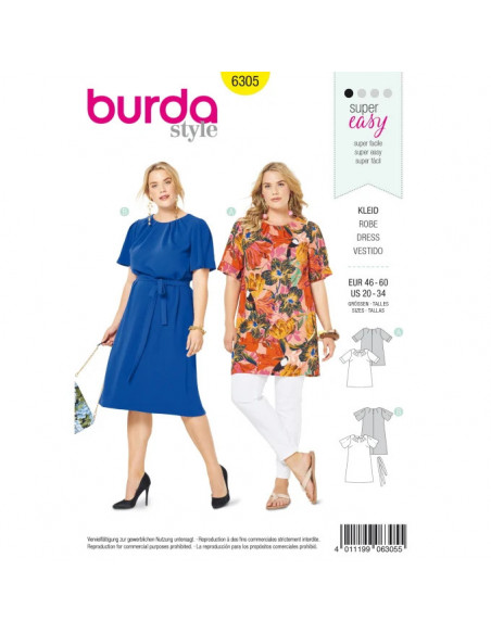 Patron Burda 6305 - Tee-Shirt, tunique ou robe de femmes de 46 à 60