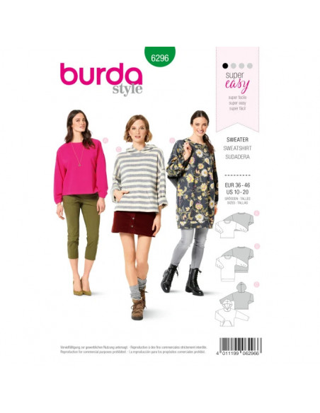Patron Burda 6296 SweaTee-Shirt pour femmes de 36 à 46