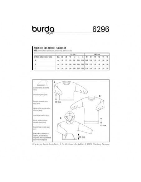 Patron Burda 6296 SweaTee-Shirt pour femmes de 36 à 46